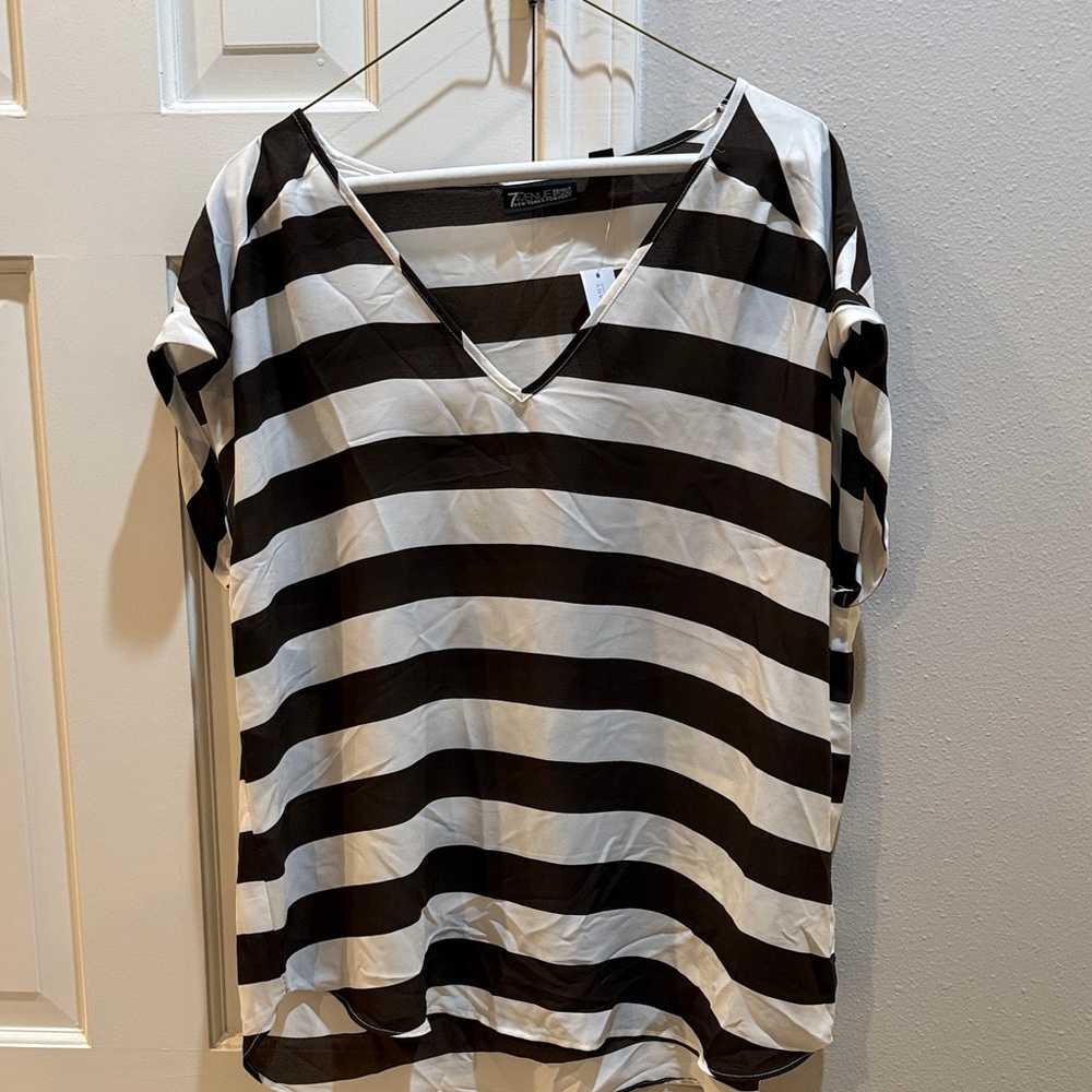 New York & Company Black and White Striped V-Neck Blouse